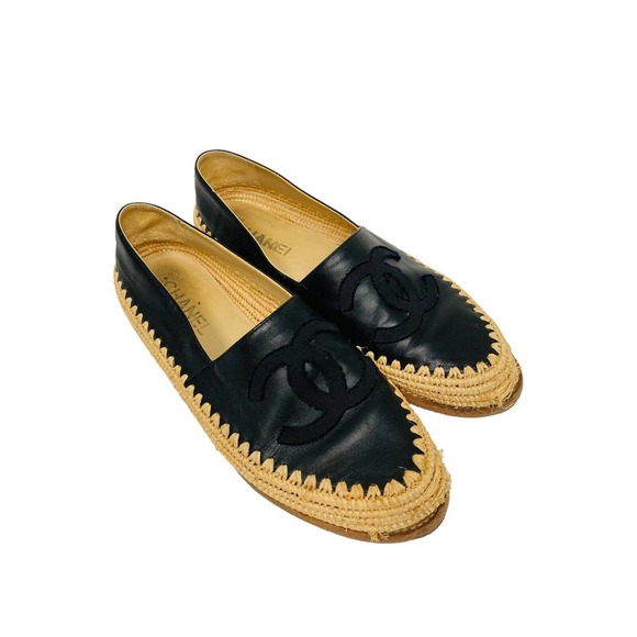 CHANEL Black Leather CC Interlocking Logo Espadrilles Flats Size 40 US 10 - Picture 3 of 10